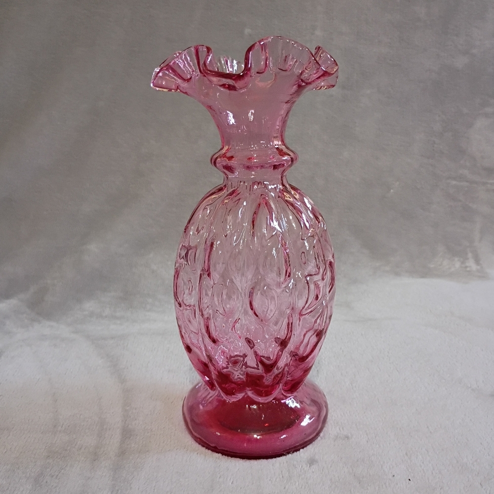 Vintage Fenton Cranberry Glass Diamond Optic Flower Vase
